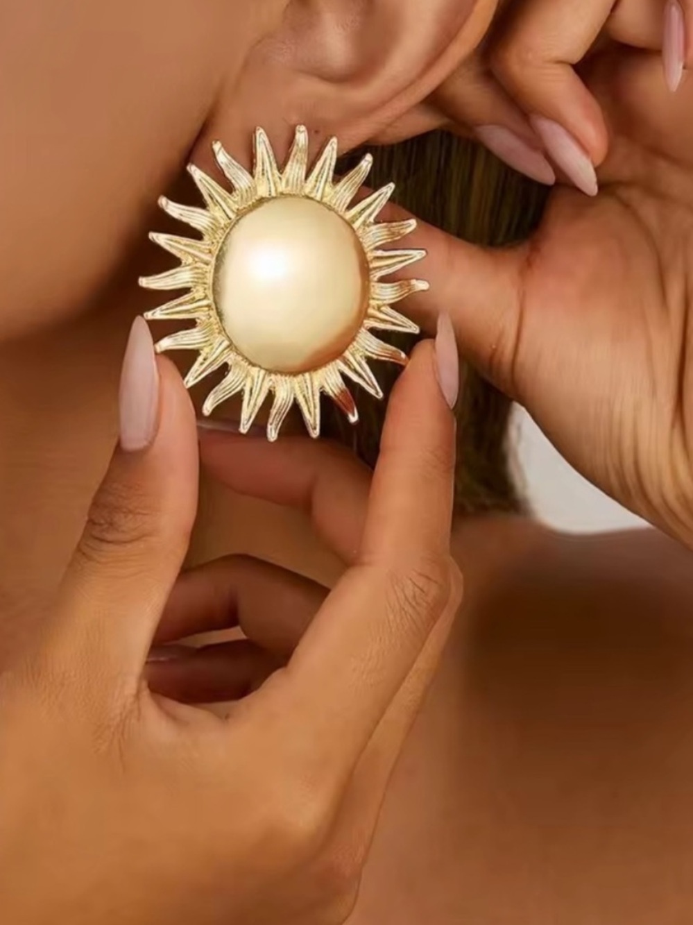 Gold Sunburst Pearl-Style Clip Earrings